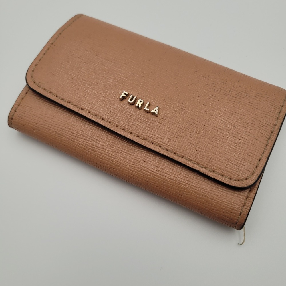 Furla Saffiano Leather Key Case Wallet Pink Tan Gold Hardware Tri-Fold Organizer